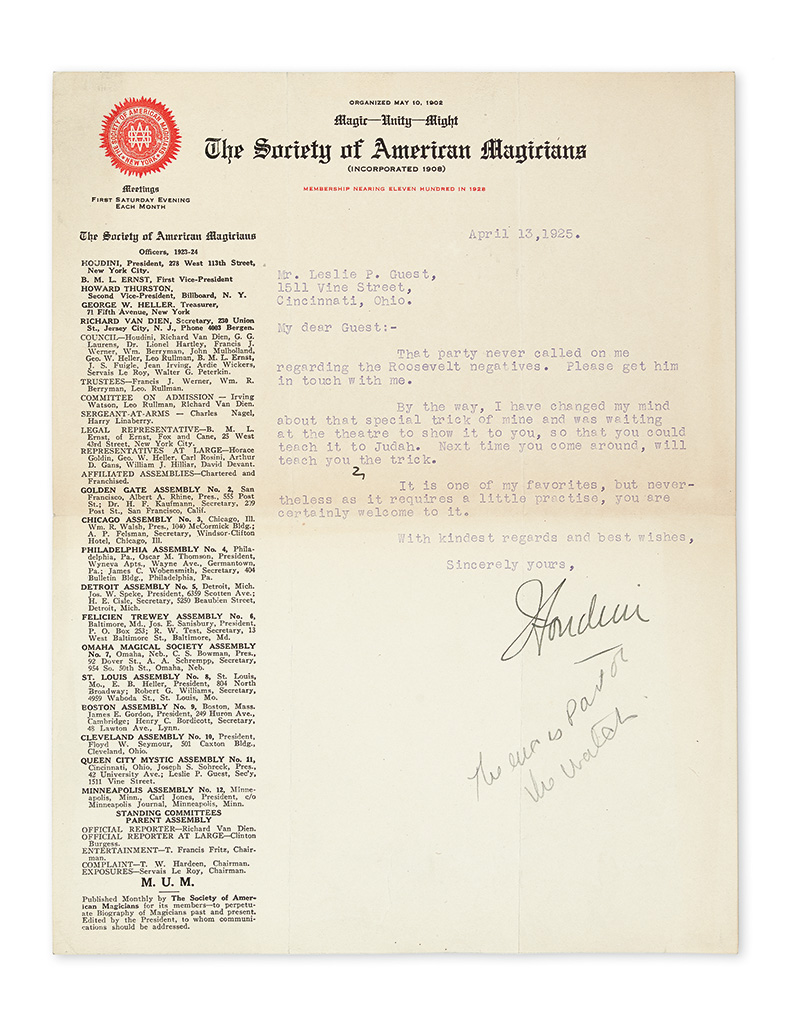 HOUDINI, HARRY. Group of 3 Typed Letters Signed, Houdini, to magician Leslie Guest.